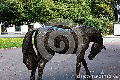 Pilsen, Czech Republic, 1.09.2019 - Modern bronze horse statue on boulevard Editorial Stock Photo