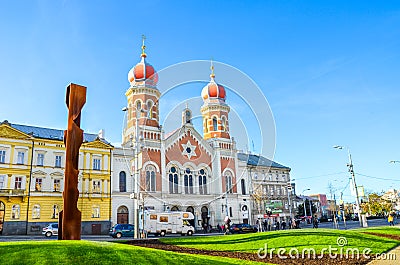 Pilsen, Czech Republic - Oct 28, 2019: The Great Synagogue in Plzen, the second largest synagogue in Europe. Front side facade of Editorial Stock Photo