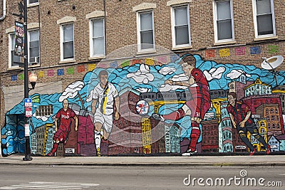 Pilsen Neighborhood Public Art Mural, Viva Futbol, a mural that Editorial Stock Photo