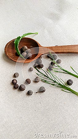 Pimento, allspice and wooden spoon Stock Photo