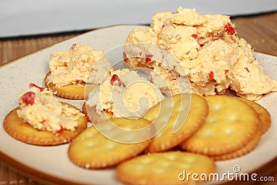 Pimento Cheese Spread On Crackers Stock Photo