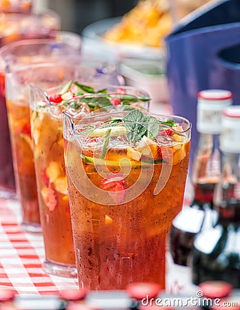 Pimm`s Cocktail Pitchers, Outdoor Summer Bar. Stock Photo