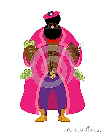 Pimp and money. Cool man. bully gigolo. dishonest guy. Pocket full of cash. bizarre Bright clothing and cigar. Gold dollar chain Vector Illustration