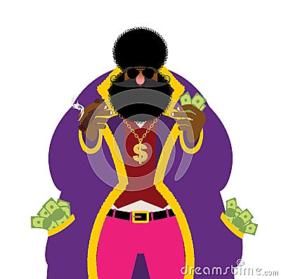 Pimp and money. Pocket full of cash. Bright clothing and cigar. Vector Illustration