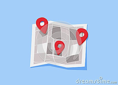 Pin card. Red direction sign on folded city map, gps navigation and moving position search vector Vector Illustration