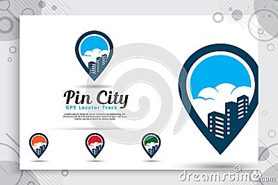 Pin city vector logo with simple style concept, illustration pin map and building can use for icon digital template of travel or Vector Illustration