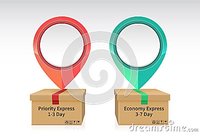 Pin drop on the priority and economy express shipping parcel box Vector Illustration