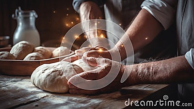 dough kitchen chef knead flour hands pastry food baker cook. Generative AI. Stock Photo