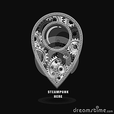 Pin icon in steampunk style with metal gears Vector Illustration