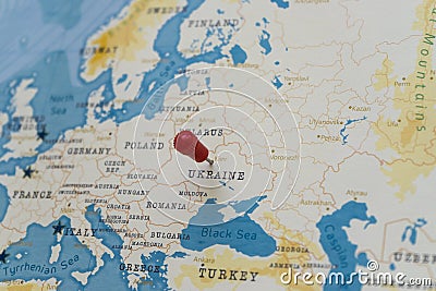 A pin on kiev, ukraine in the world map Stock Photo