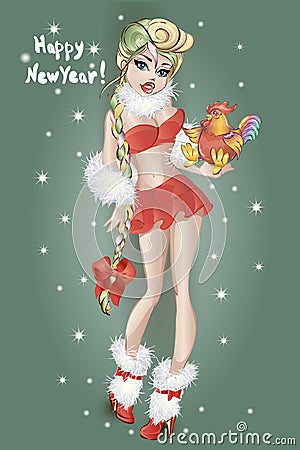 Pin-up Christmas girl with cock, Happy New Year 2017. Vector Cartoon Illustration