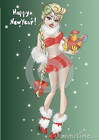 Pin-up Christmas girl with cock, Happy New Year 2017. Vector Cartoon Illustration