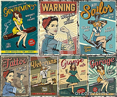 Pin up colorful posters set Vector Illustration