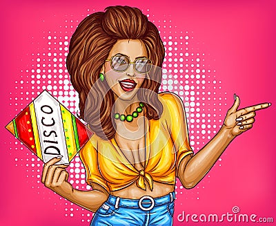 pin up disco woman in fashion glasses with lush hairdo, holding audio disk. Pop art dancer concept illustration Cartoon Illustration