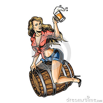 Pin up girl on beer wooden barrel Vector Illustration