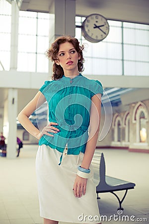 Pin-up girl on railway station Stock Photo