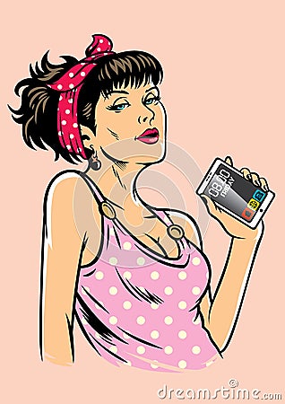 Pin up girl style holding a smartphone Vector Illustration