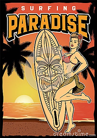 Pin up girl with a surfboard on sunset beach poster Stock Photo