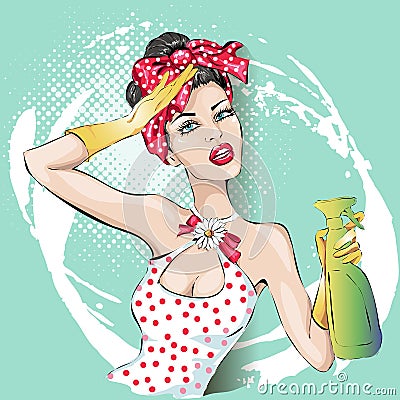 Pin-up housewife woman portrait with wiper. housekeeping, wife Cartoon Illustration