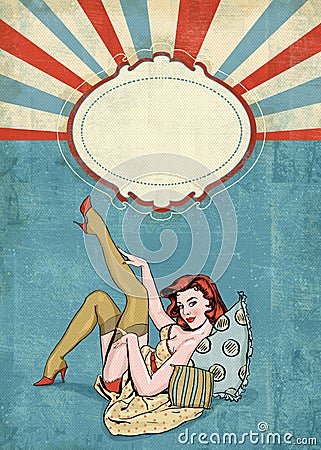 Pin up illustration of woman with the place for text.Pin up girl. Party invitation. Birthday greeting card. Cartoon Illustration