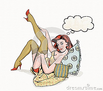 Pin up illustration of woman with the place for text.Pin up girl. Party invitation. Birthday greeting card. Cartoon Illustration