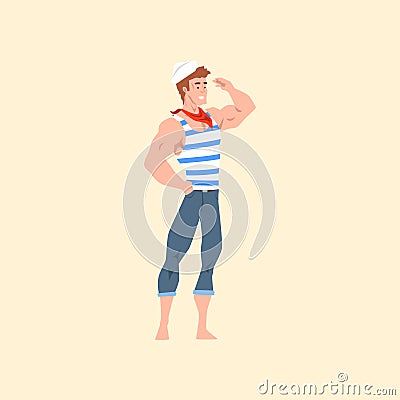 Pin-up male model posing in vintage sailor costume striped shirt, jeans, cap and red bandanna. Handsome muscular man Vector Illustration