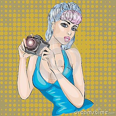 Pin-up woman with camera taking pictures Cartoon Illustration