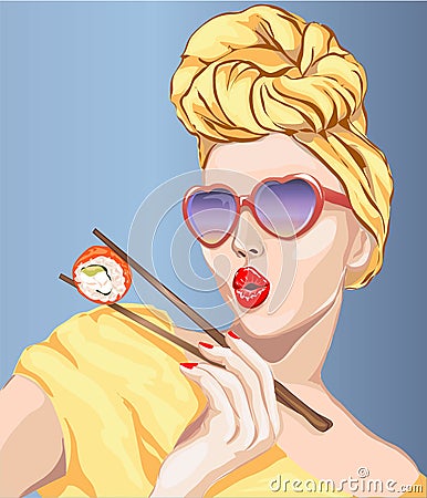 Pin-up style woman eating sushi, japanese food. Pop Art girl, heart sunglasses, head turban, Cartoon Illustration