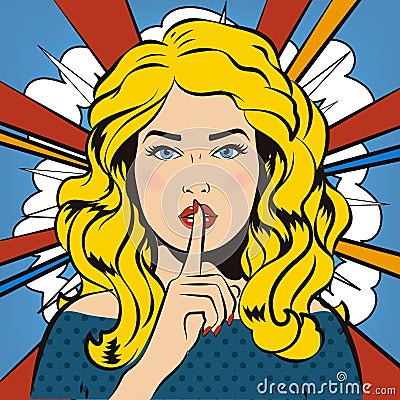 Pin up woman putting her forefinger to her lips for quite silence. Pop art comics style. Vector illustration. Pop art girl says sh Vector Illustration