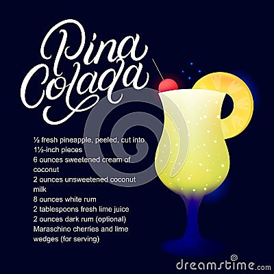 Pina Colada alcohol cocktail recipe Cartoon Illustration