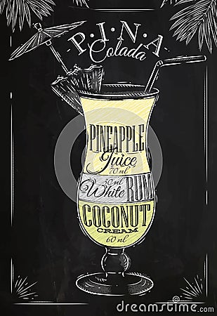 Pina Colada cocktail chalk Vector Illustration