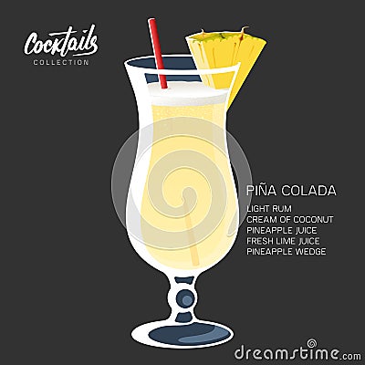 Pina Colada cocktail drink glass straw pineapple illustration Vector Illustration