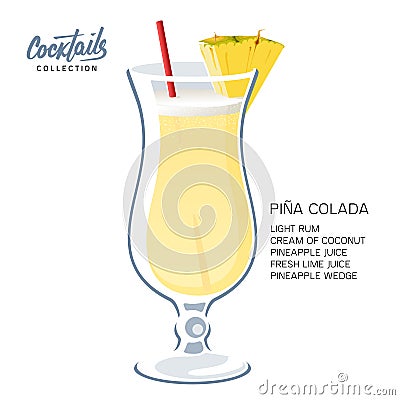 Pina Colada cocktail drink glass straw pineapple illustration Vector Illustration