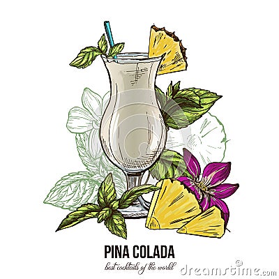 Pina colada cocktail, mint leaves and orchid flower Vector Illustration