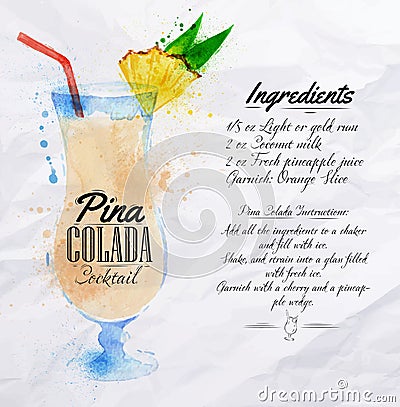 Pina colada cocktails watercolor Vector Illustration