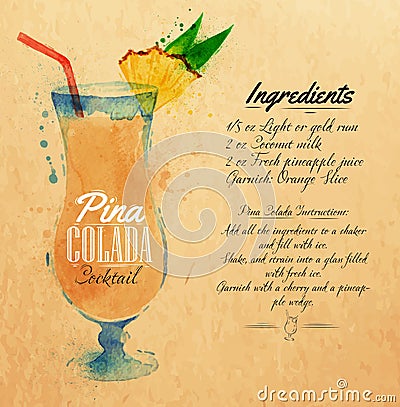 Pina colada cocktails watercolor kraft Vector Illustration