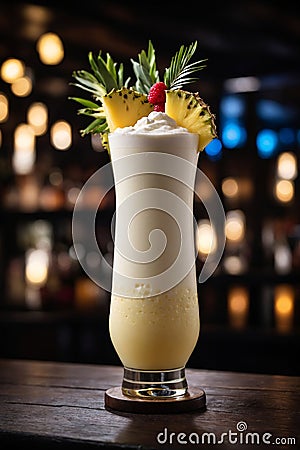 Pina colada in a glass on a bar counter, generative AI Stock Photo