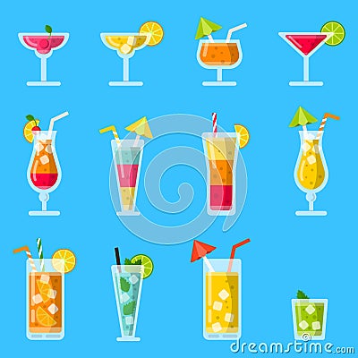 Pina colada, juice, mojito and other various alcoholic summer cocktails Vector Illustration