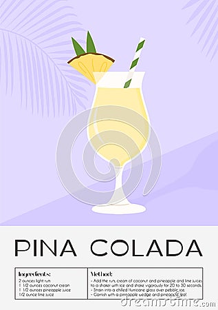 Pina Colada Tropical Cocktail blended with ice. Summer aperitif with rum, coconut milk and pineapple juice. Minimalistic Vector Illustration