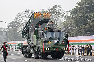 Pinaka multi barrel rocket launcher operators preparing for taking part in the upcoming Indian Republic Day parade at Indira Editorial Stock Photo