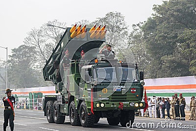 Pinaka multi barrel rocket launcher operators preparing for taking part in the upcoming Indian Republic Day parade at Indira Editorial Stock Photo