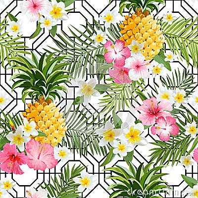 Pinapples and Tropical Flowers Geometry Background Vector Illustration