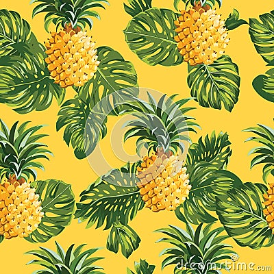 Pinapples and Tropical Leaves Background Vector Illustration