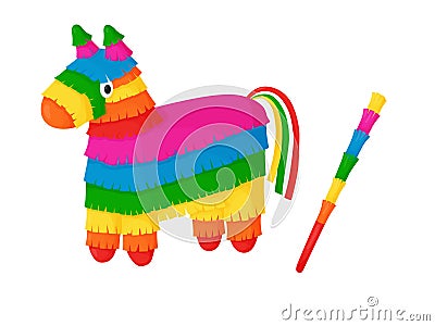 Pinata. Mexican pinata horse with candy and stick. Mexican holiday and carnival. Vector Illustration