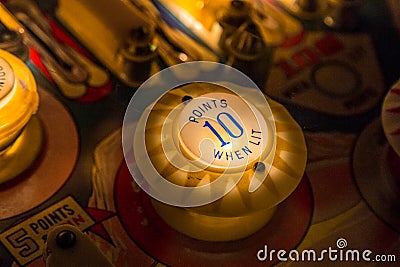 Pinball table close up view of vintage game machine Stock Photo