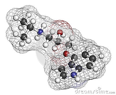 Pindolol beta blocker drug molecule. 3D rendering. Atoms are represented as spheres with conventional color coding: hydrogen ( Stock Photo