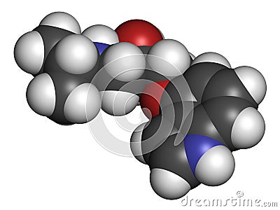 Pindolol beta blocker drug molecule. 3D rendering. Atoms are represented as spheres with conventional color coding: hydrogen ( Stock Photo