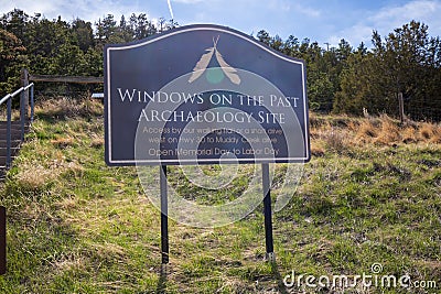 Windows on the Past Archaeology Site sign. Interstate 80 highway Pine Bluffs rest area. Editorial Stock Photo