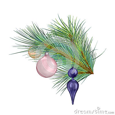 Pine branch with Christmas balls digital watercolor style illustration isolated on white. Cedar, conifer decoration hand Cartoon Illustration