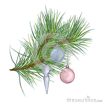 Pine branch with Christmas balls digital watercolor style illustration isolated on white. Cedar, conifer decoration hand Cartoon Illustration